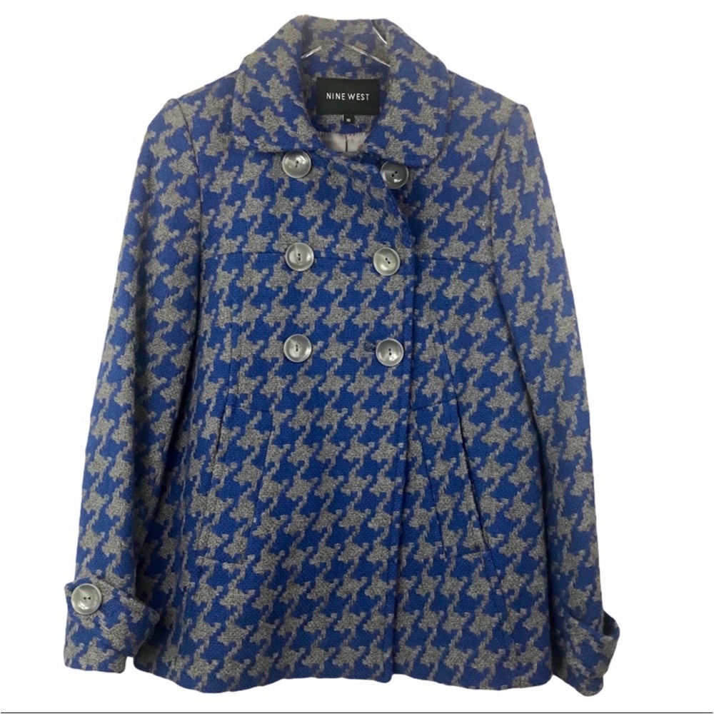 Nine West Blue & Gray Houndstooth Wool-Blend Double Breasted Peacoat, Size 8